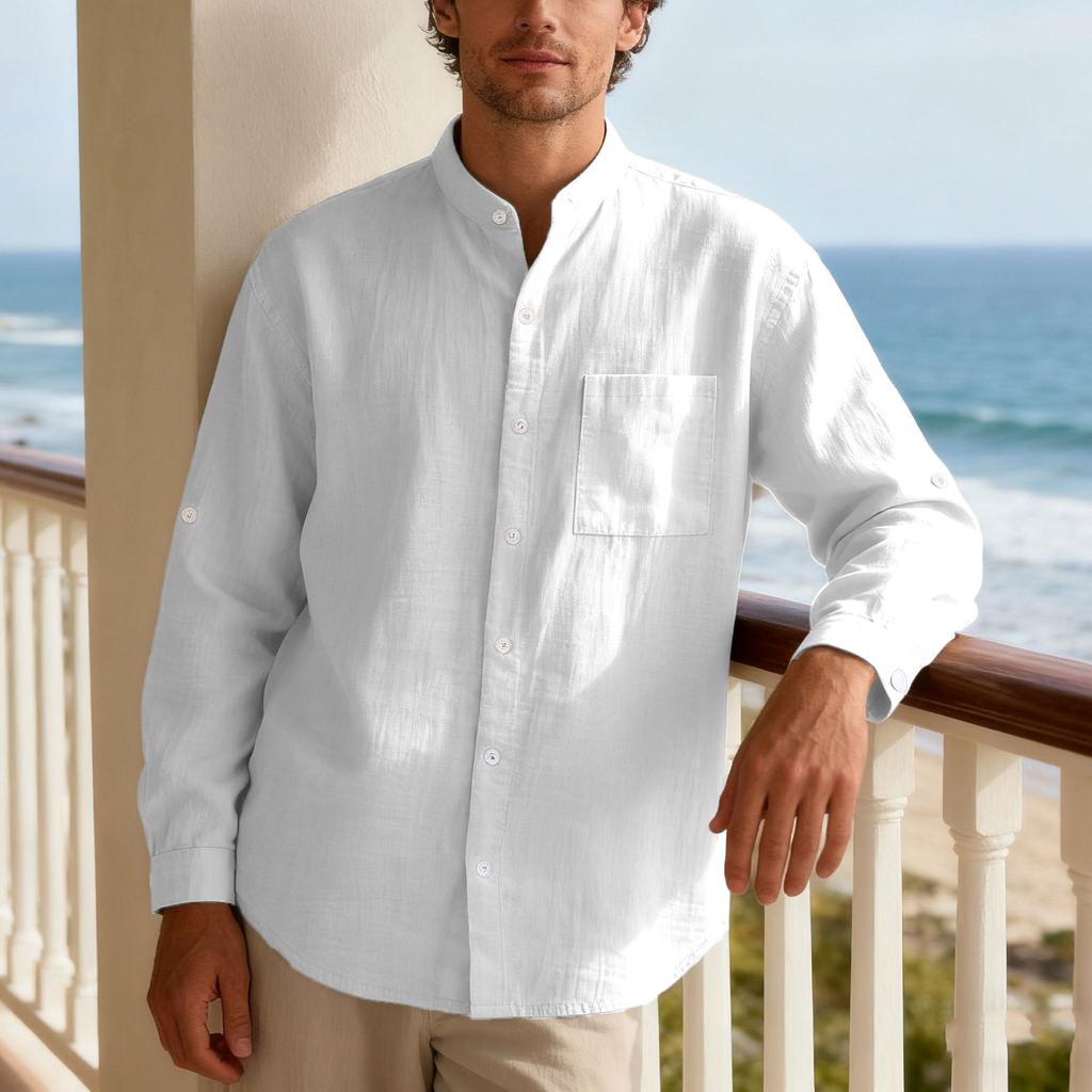 New Spring/Autumn Linen Long-Sleeved Men's Shirt Casual Beach Holiday Stand-Up Collar Commuter Shirt