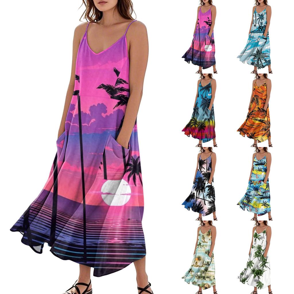 Women's Casual V Neck Hawaiian Print Sleeveless Pocket Suspender Dress