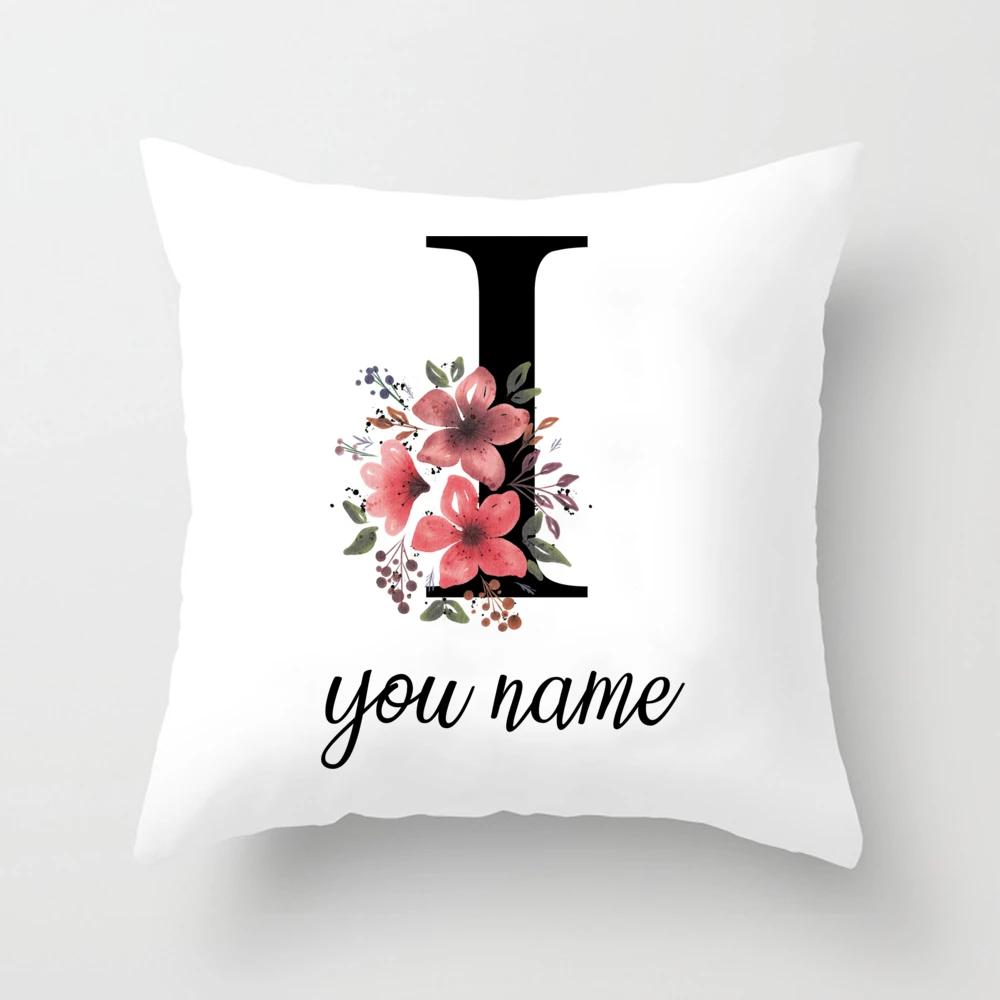 Personalized Name Flower Letter Pillow Case Alphabet Print White Square Pillow Case Dust Cover Bedroom Party Decoration