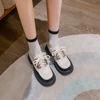 Black White Leather Patchwork Platform Shoes Woman Lace Up Metal Decoration Flats Thick Bottom Lolita Brogues Shoes Big Size 43