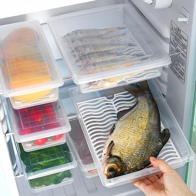 Refrigerator Storage Box Kitchen Food-grade Plastic Water-draining Preservation Box Rectangular Covered Meat Storage Box