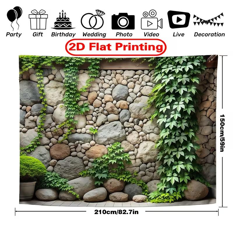 Rustic Cobblestone Wall Tapestry, Green Ivy Vines On Natural Rock Wall Hanging for Patio and Balcony