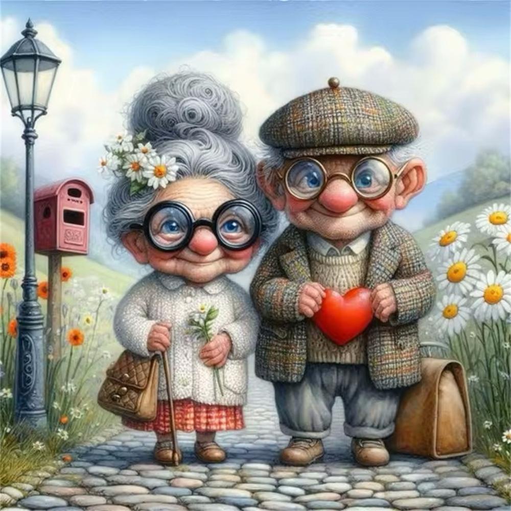 Cartoon Happy Old Couple 5D Full Round Diamond Painting Kits, Cute Grandma and Grandpa DIY Drills Mosaic Embroidery Cross-stitch