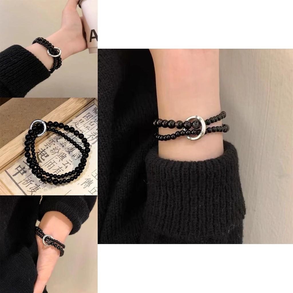Stylish Double Circle Bracelet Black Beads For Men And Women Trendy Retro Design