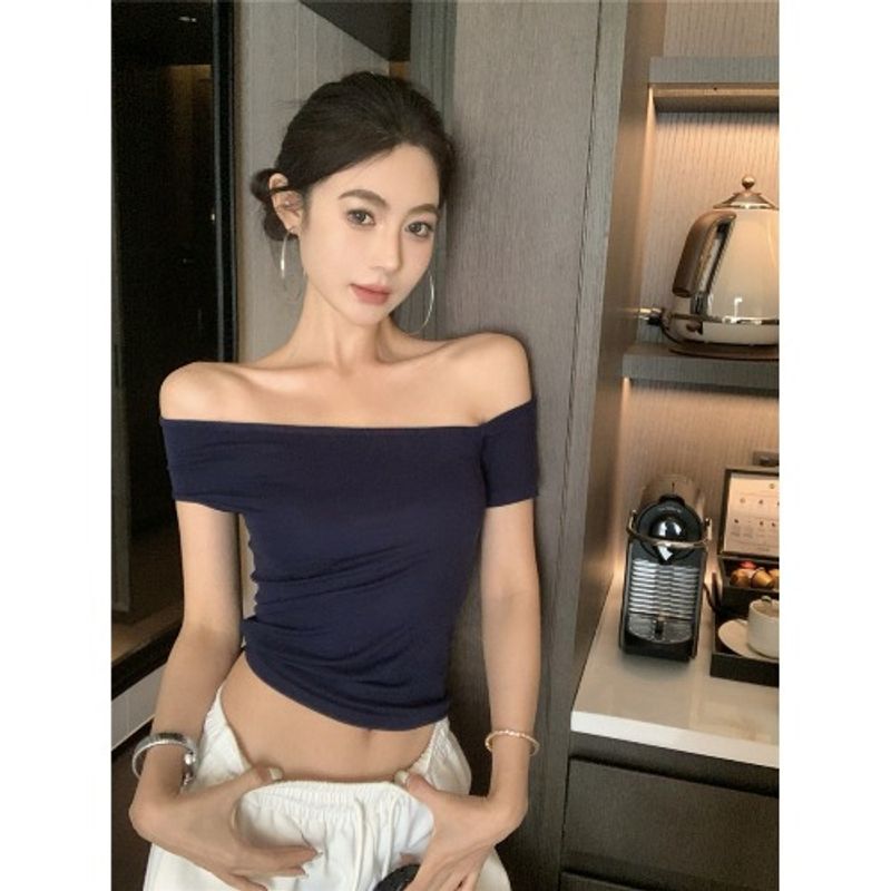Kumikumi Gyaru Style New off-Shoulder Short sleeve off-Shoulder T-shirt Women clothes Summer Slim fit Slimming Gray Top