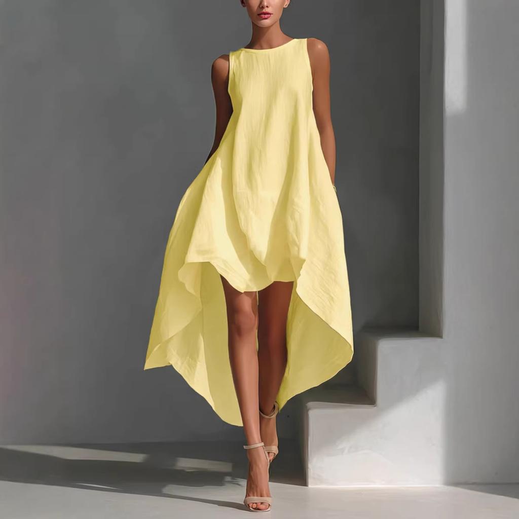 Rochie de vară casual pentru femei, cu gât rotund, fără mâneci, lungime asimetrică, croială lejeră, aspect de in