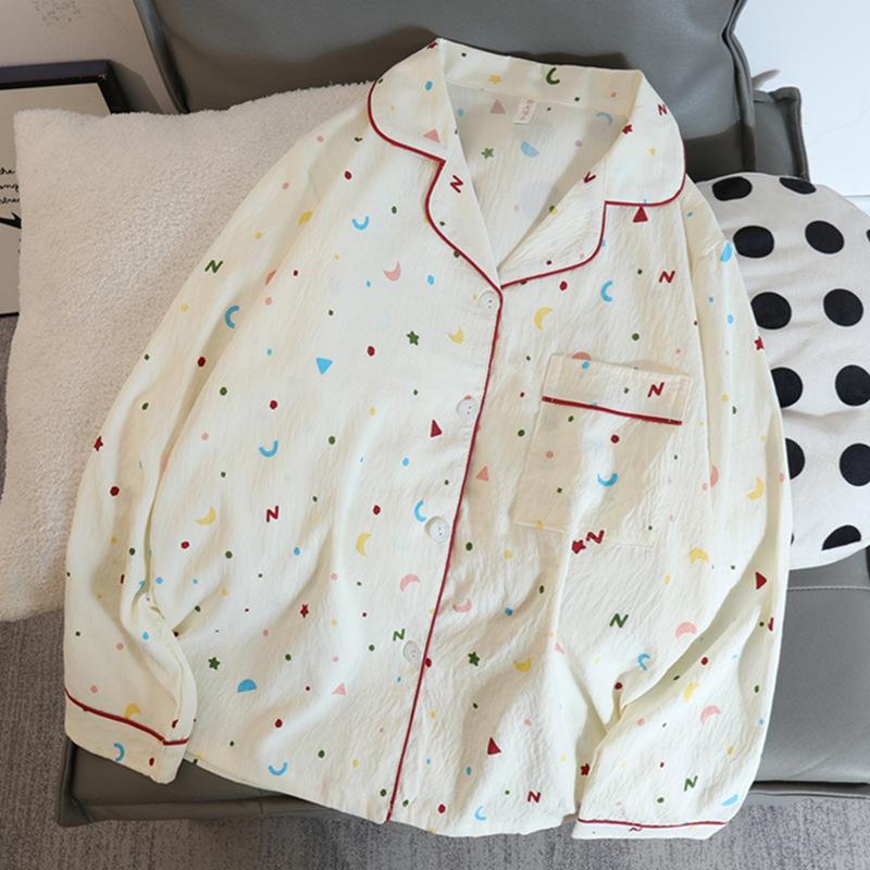 Women's Spring & Autumn Cloud Cotton Pajama Set - Thin Print & Embroidery, Loose Fit, Long Sleeve & Pants Home Wear.