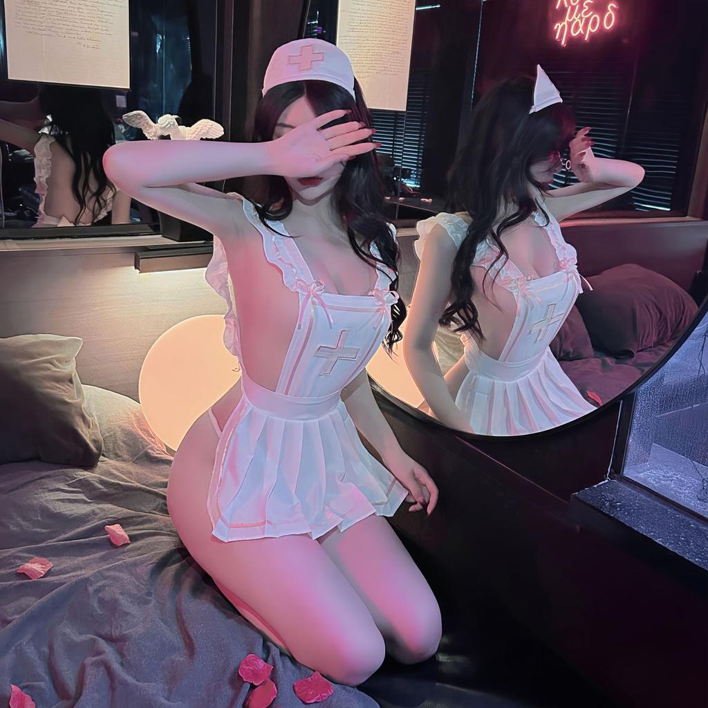 Anime Karakter Cosplay Gece Hayatı Seksi hemşire üniforması Çünkü Günaha Rol Oynama Delikli-Out Sızdıran Gecelik Eğlenceli Takım Elbise