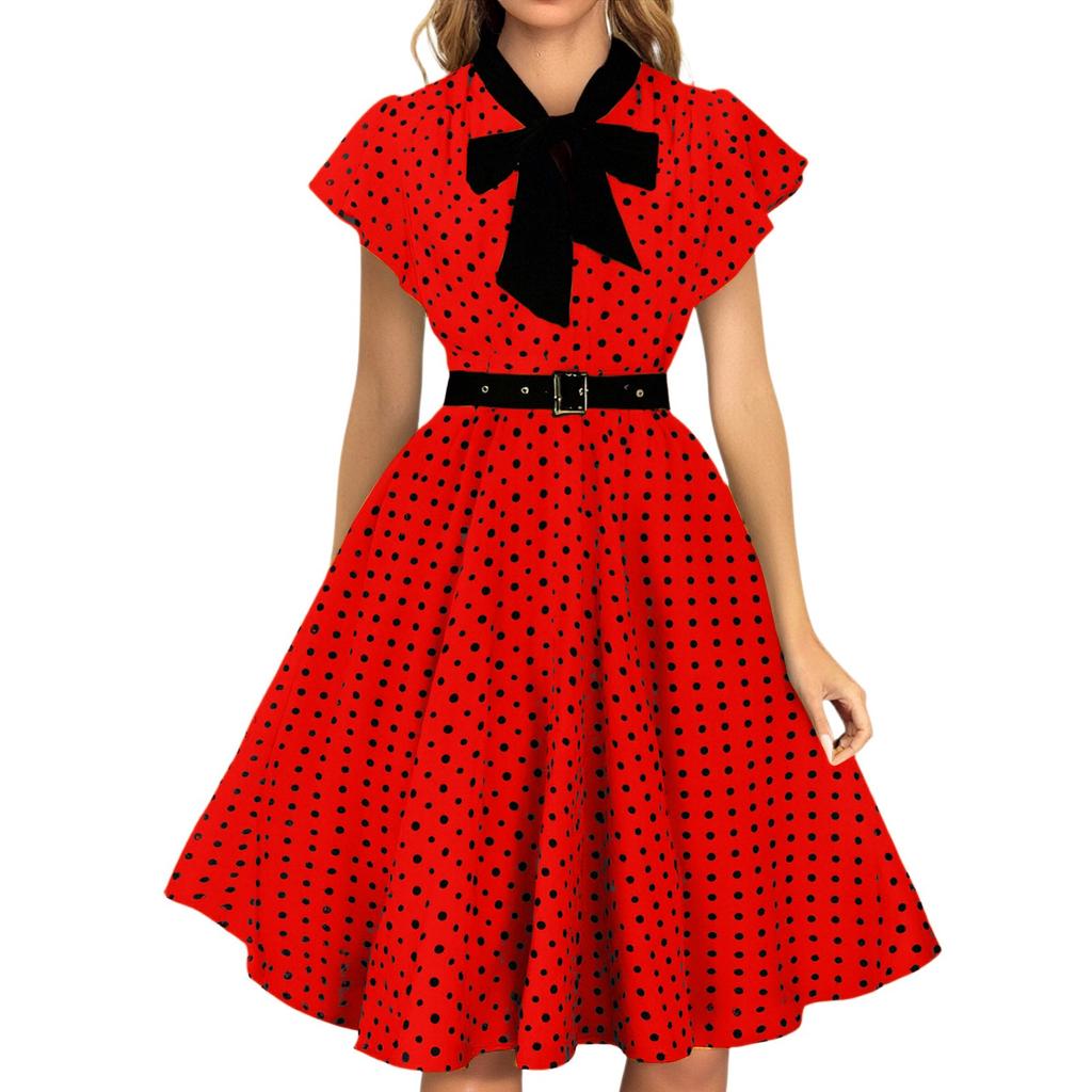 Women's Short Sleeve Round Neck Slim Knee-Length Dress Retro Polka Dot Dress