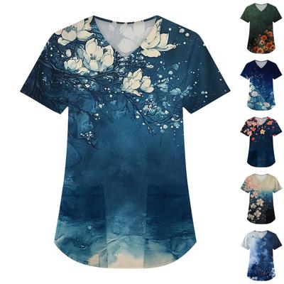 Damen Kurzarm Mode V-Ausschnitt mit Taschen Blumendruck Tops Kleidung