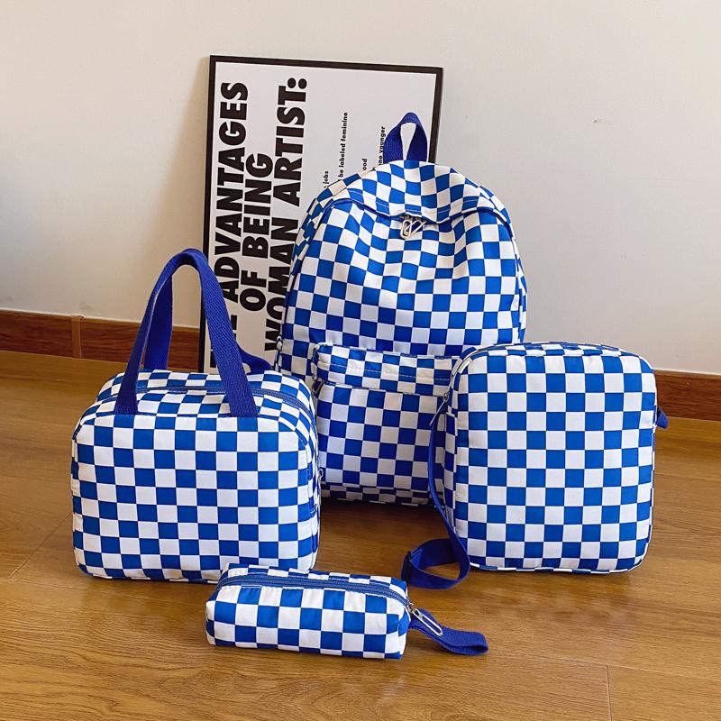 Checkerboard 4Pcs Backpack Set Crossbody&handbag&Pen Case Stitching Multi Pocket Adjustable Straps Campus Commute Bundle