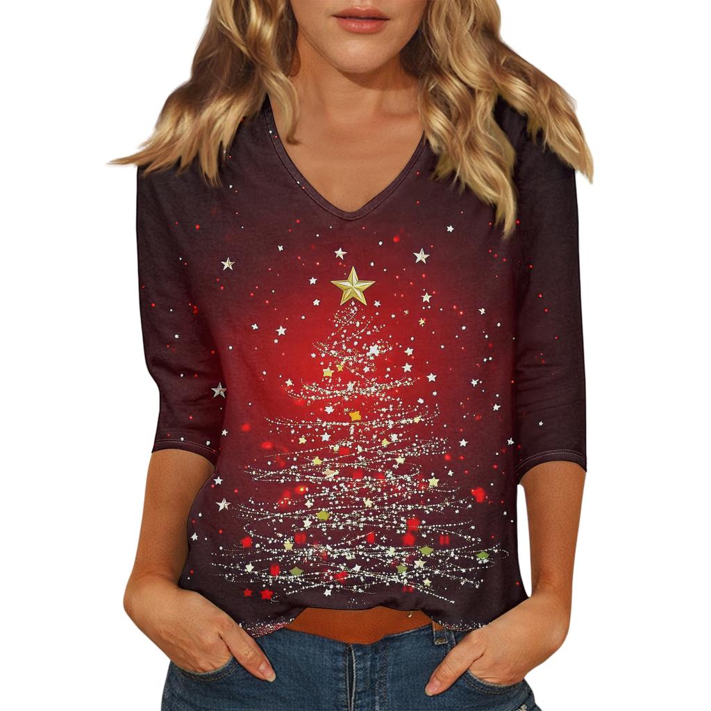 Women's Casual Fashionable Sexy Comfortable V-Neck Christmas Three-Quarter Sleeve Top