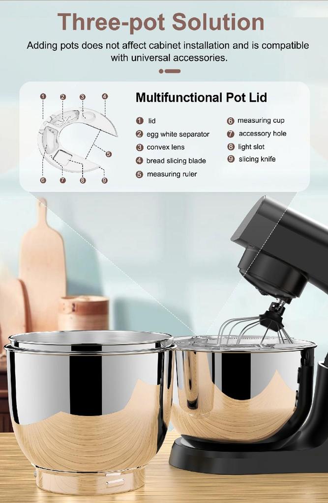 SVEWT 1500W Food Mixer, with 5.5QT Stainless Steel Bowl, Dough Hook, Beater and Whisk, 10 Speeds for Baking Mixing, Black - EU Plug