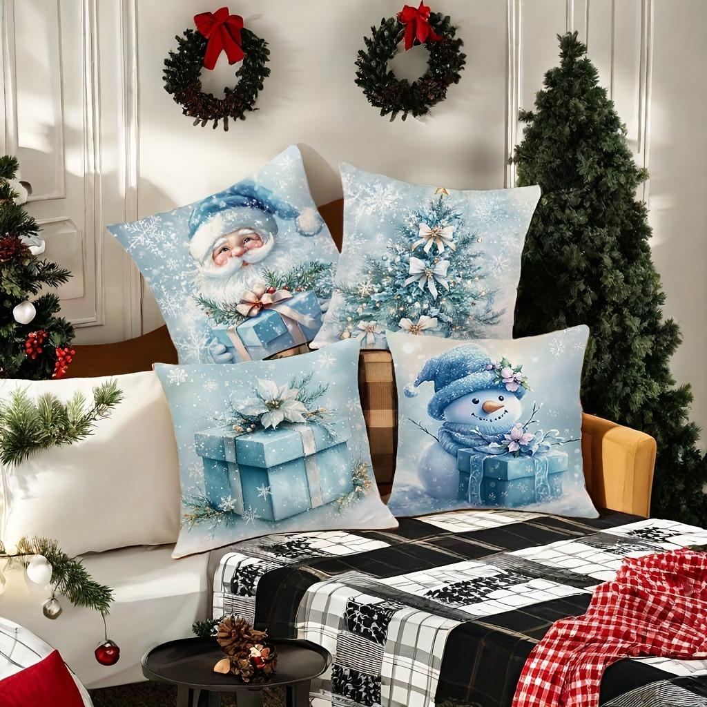 Christmas Decoration Pillow Cover Blue Santa Claus Snowman Snowflake Pattern Suitable for Home Room Sofa Cushion Cover