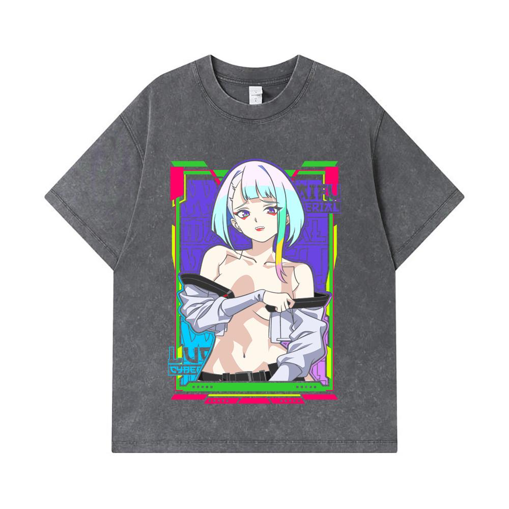 275 GSM Gewaschene T-Shirts 100% Baumwolle Cyberpunk V11 Lucy Waifu Print Unisex Schweres Baumwoll-T-Shirt