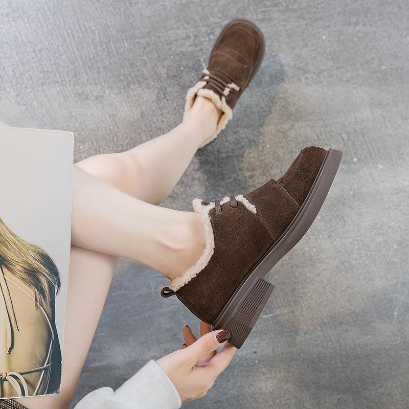 Winter fleece frosted leather shoes women's fluffy shoes new women's shoes soft sole low top cotton shoes outer wear