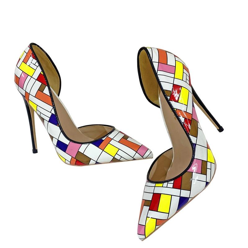 Women's Sexy 12cm Color Checkered High Heels, Patent Leather, Pointed Fashion Party Shoes, Dress Shoes, Thin Heels 10cm
