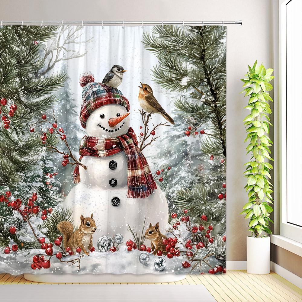 Christmas Cute Snowman Shower Curtain Birds Winter Snowflake Forest Snow Scenery Cedar Reindeer Xmas Bathroom Decor With Hooks