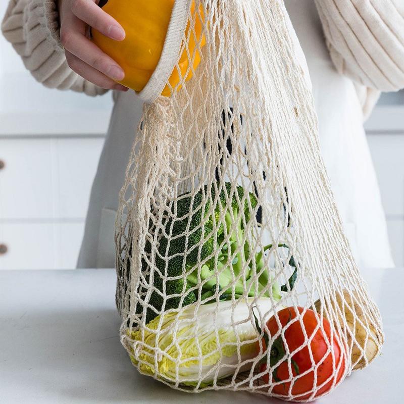 Handheld foldable shopping Cotton mesh bag , reusable fruit mesh bag, Woven mesh pocket hollowed out kitchen storage