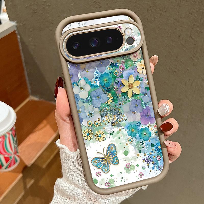Oil Painting Flower Pattern Soft Phone Case For Google Pixel 9 Pro XL 8 Pro 8A Butterfly Print TPU Matte Shockproof Lens Protection Bumper Cover