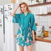 Women Robe Kimono Bathrobe Navy Blue Print Nightgown Sleepwear Silky Soft Satin Nightwear Sexy Short Nightdress Casual Homewear