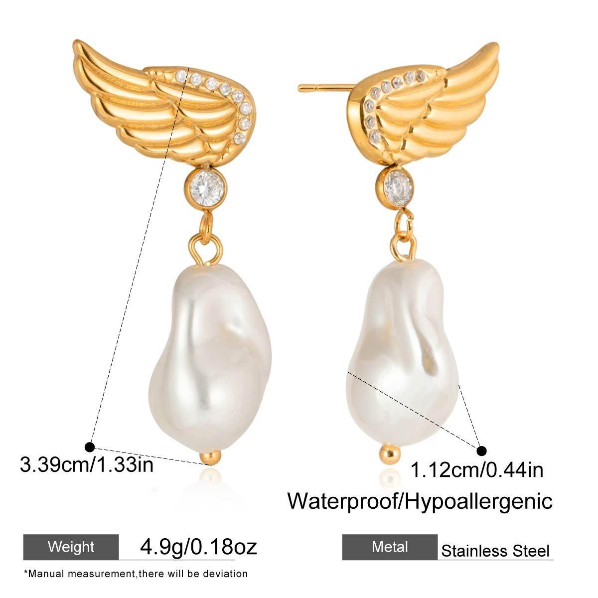 

Stylish Baroque Imitation Pearl CZ Zircon Angel Wings Long Dangle Earrings for Women 18K Gold PVD Plated Stainless Steel