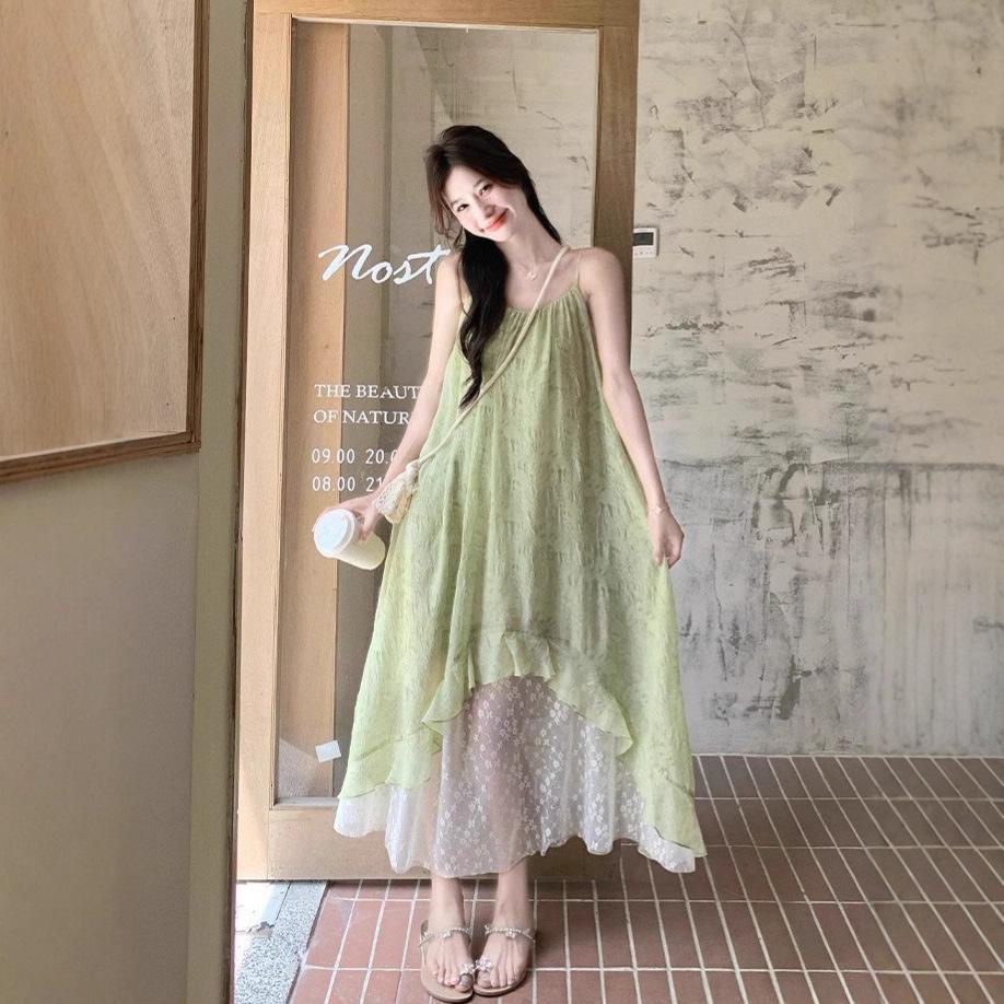Green Mori floral suspender dress women's summer new French seaside vacation chiffon irregular long dress