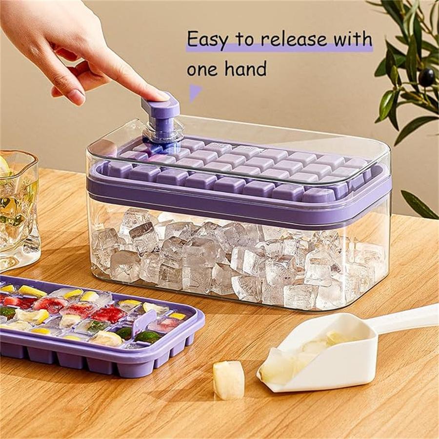 Ice Cube Tray With Lid And Bin, 1-Piece For Freezer, 32-Compartment Ice Cube Mould, Easy-Release Ice Cube Mould For Whisky