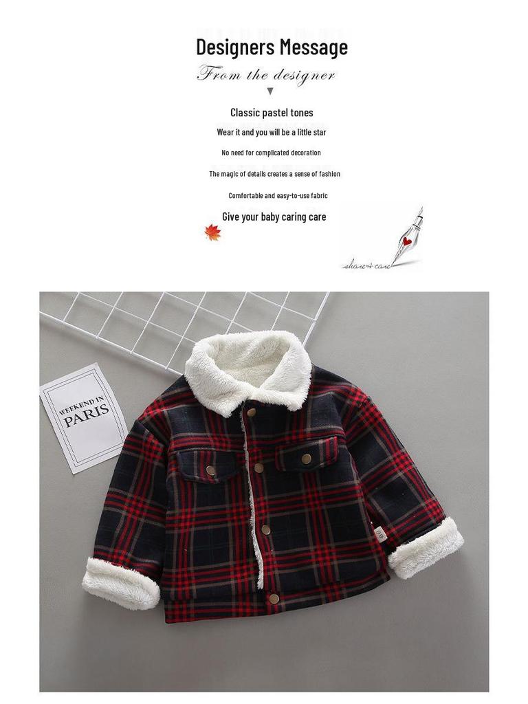 Boys' Fleece-Lined Plaid Cotton Jacket - Korean Style, Single-Breasted, Solid Color
