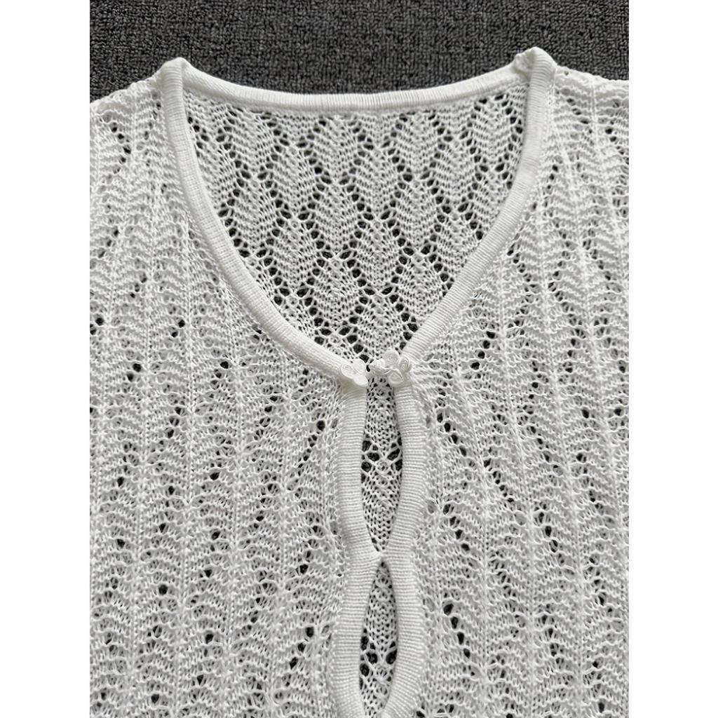 New European American Style Hollow Out Knit Beach Cover Up Sexy Long Sleeve Mini Dress Vacation Wear