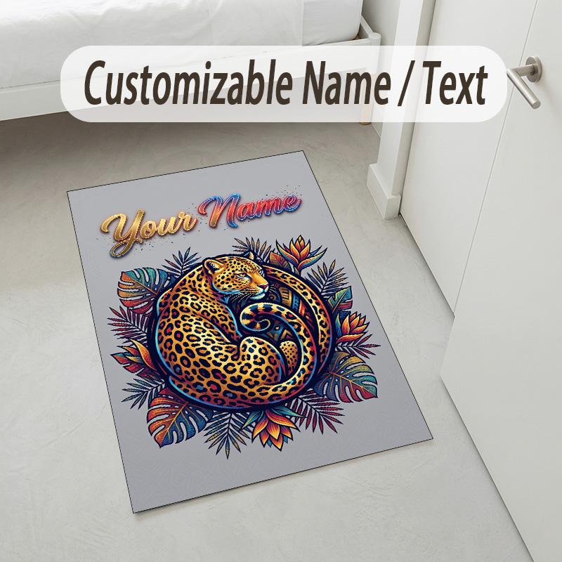Leopard Print Theme Soft Crystal Velvet Rug Custom Name & Text Print Non Slip Floor Rug for Bedroom Living Room