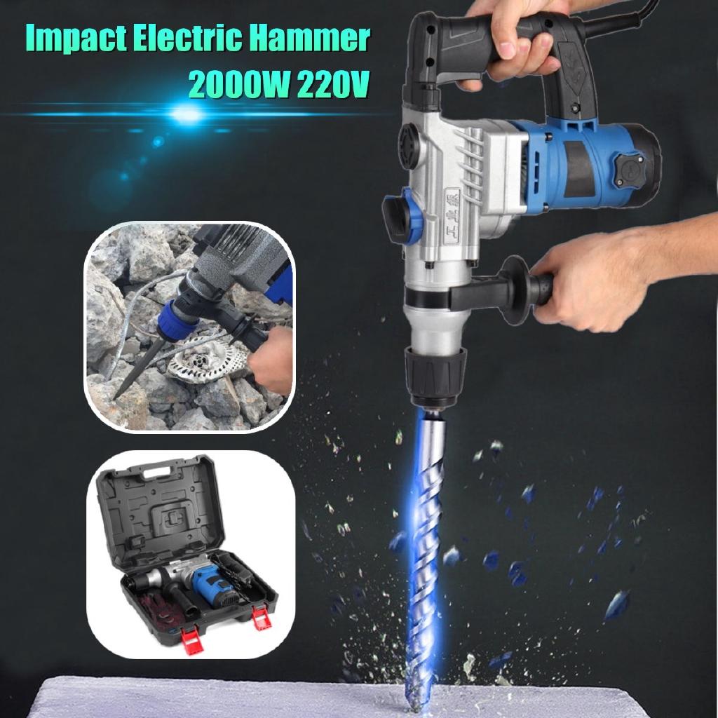 800rpm Electric Impact Demolition Hammer Drill Concrete Breaker Chisels 360Rotary AC 220V 50Hz 2000W