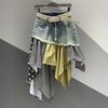 Personality Irregular Plaid Splicing Denim Skirt Women's Versatile and Thin Rough Edge a Word Hip Wrap Medium and Long Skirt Trendy Brand