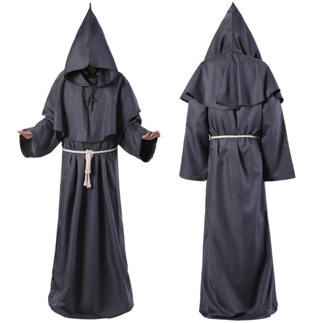 Medieval Monk Robe Monk Costume Halloween Cosplay Priest Wizard Hooded Multicolor Cape Cloak Waist Rope Cross Ornament Sets
