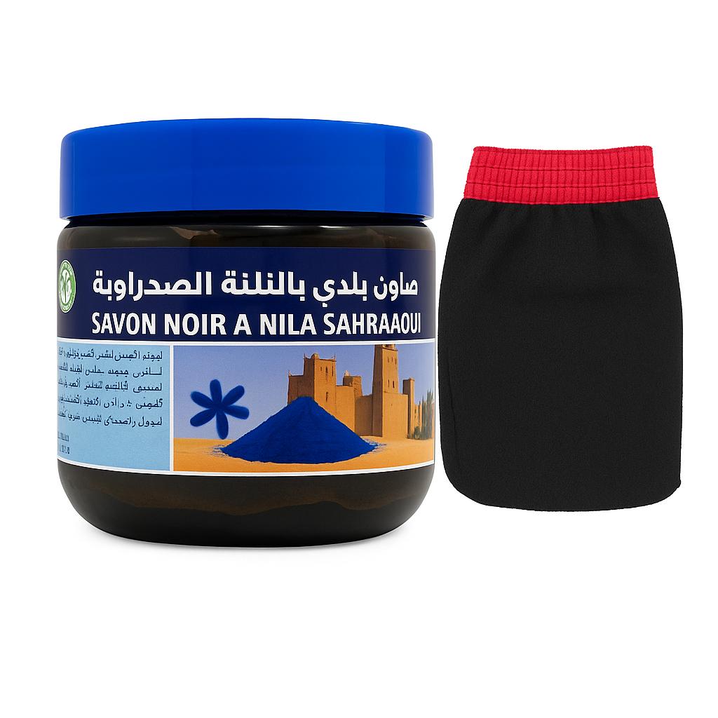 Savon Noir Marocain à la Poudre de Nila 200g + Gant Kessa – Ensemble de Soin Éclaircissant & Adoucissant