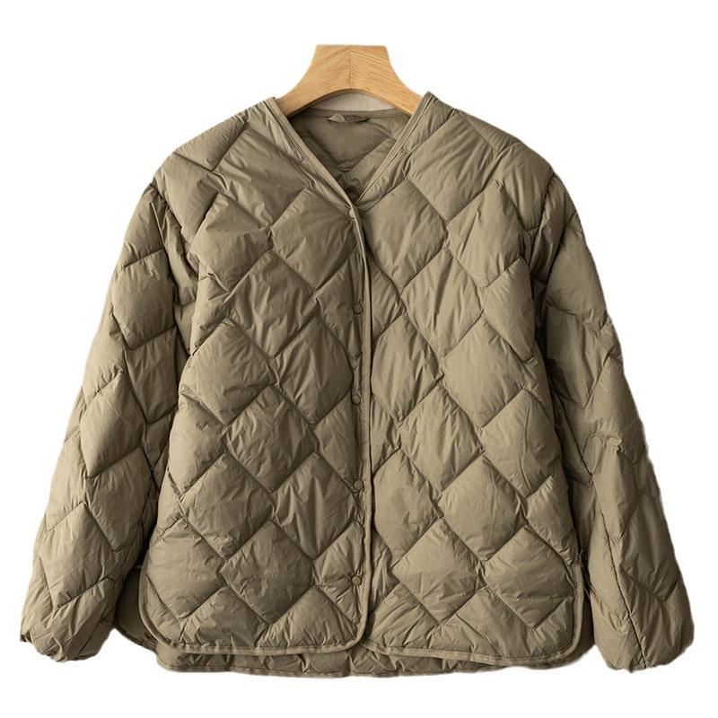 Autumn and winter women's clothing light and short V-neck rhombus casual down jacket white duck down lightweight jacket liner