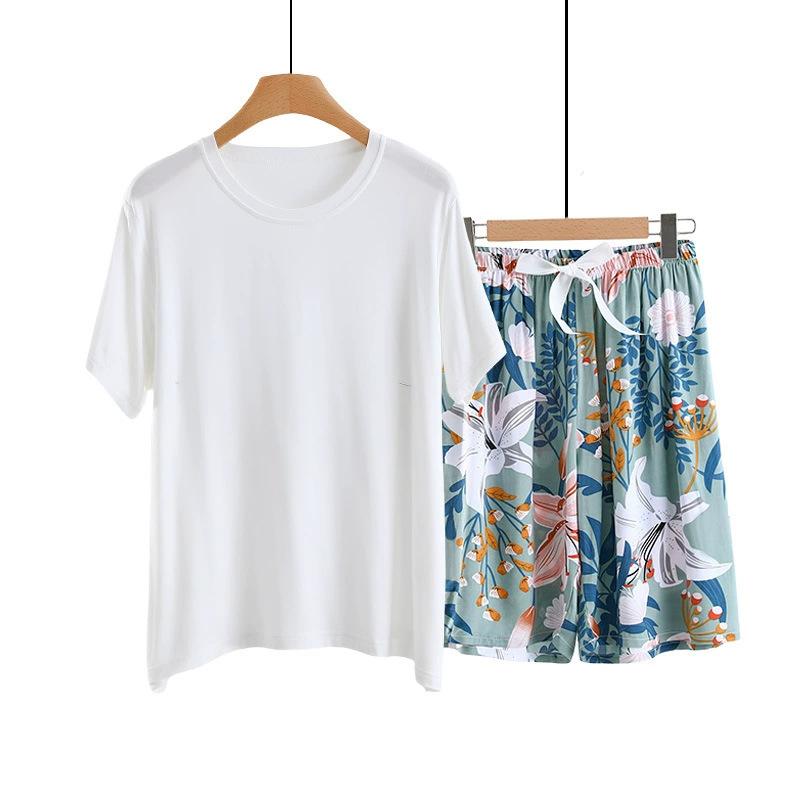 Summer Solid color Tshirts and Print shorts Simple Homewear O-Neck Loose Tshirts and Poplin short pants Casual sleepwear suits