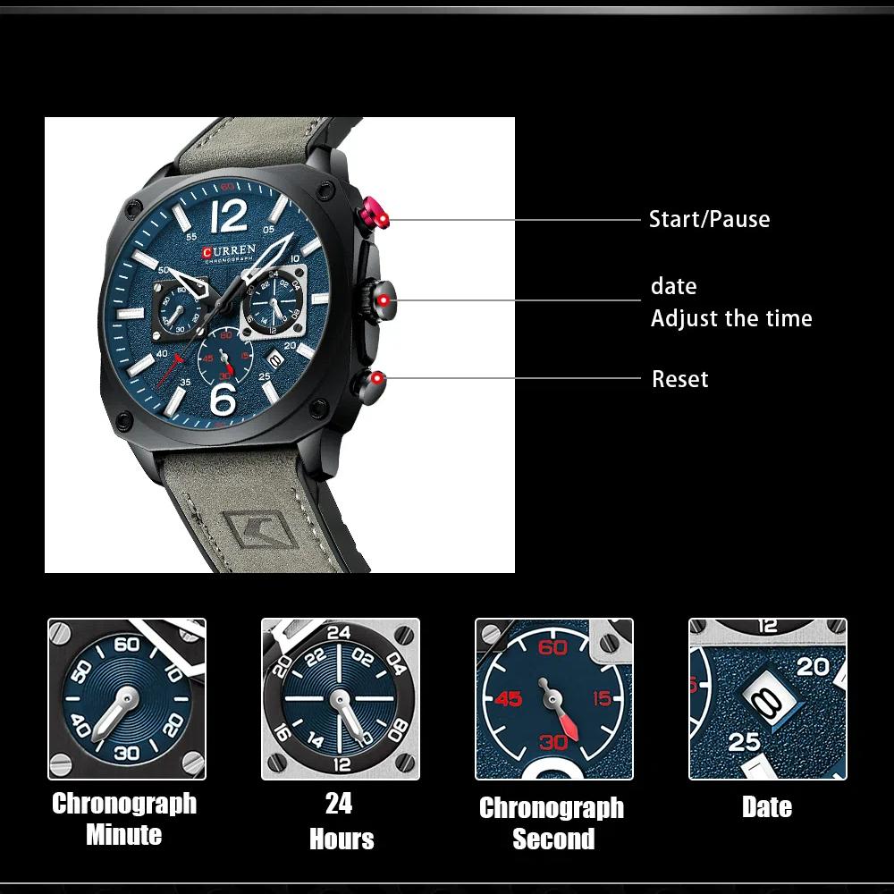 Chronograph Wristwatch Calendar Sport Mens Watches Military Fashion Square Dial Leather Male Clock Gift Luminous Waterproof