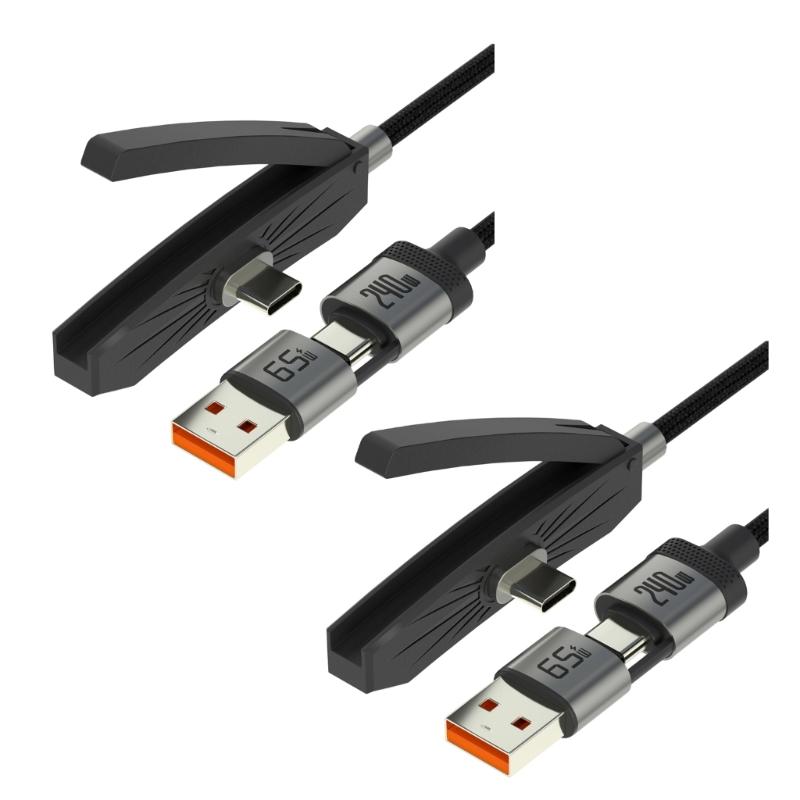 240W Fast Charging Type C & USB 65W 2 In 1 Braided Cable With Invisible Bracket For Phones Tablets Laptops Gaming