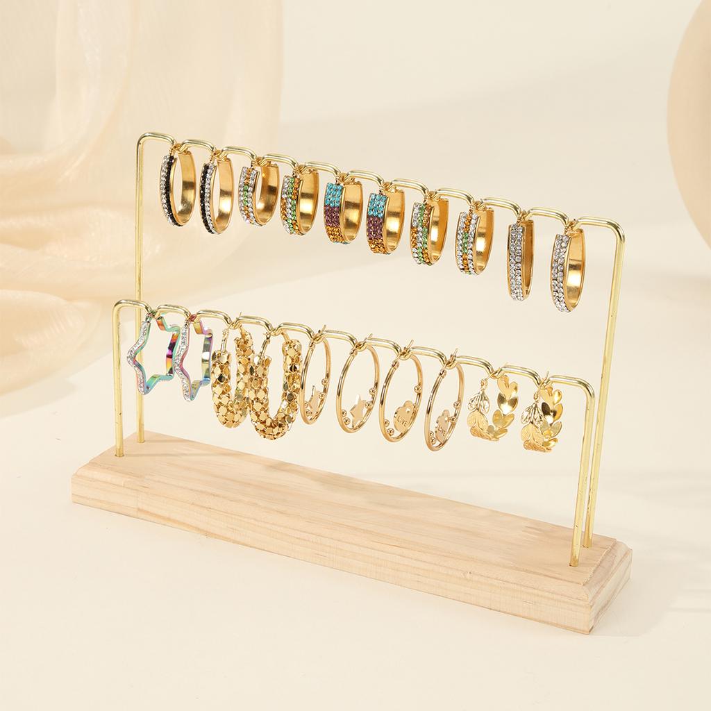 Suport Bijuterii din Lemn/Metal Auriu cu Două Etaje pentru Cercei, Inele, Coliere, Ceasuri