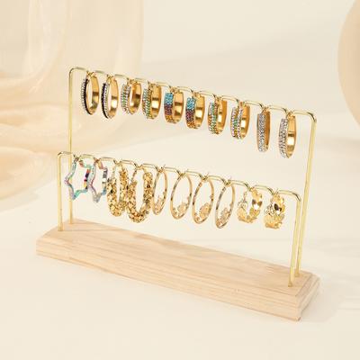 Wooden/Metal Gold Double-deck Earrings Ring Necklace Watch Jewelry Shelf Jewelry Stand Counter Pendant Jewelry Display Stand