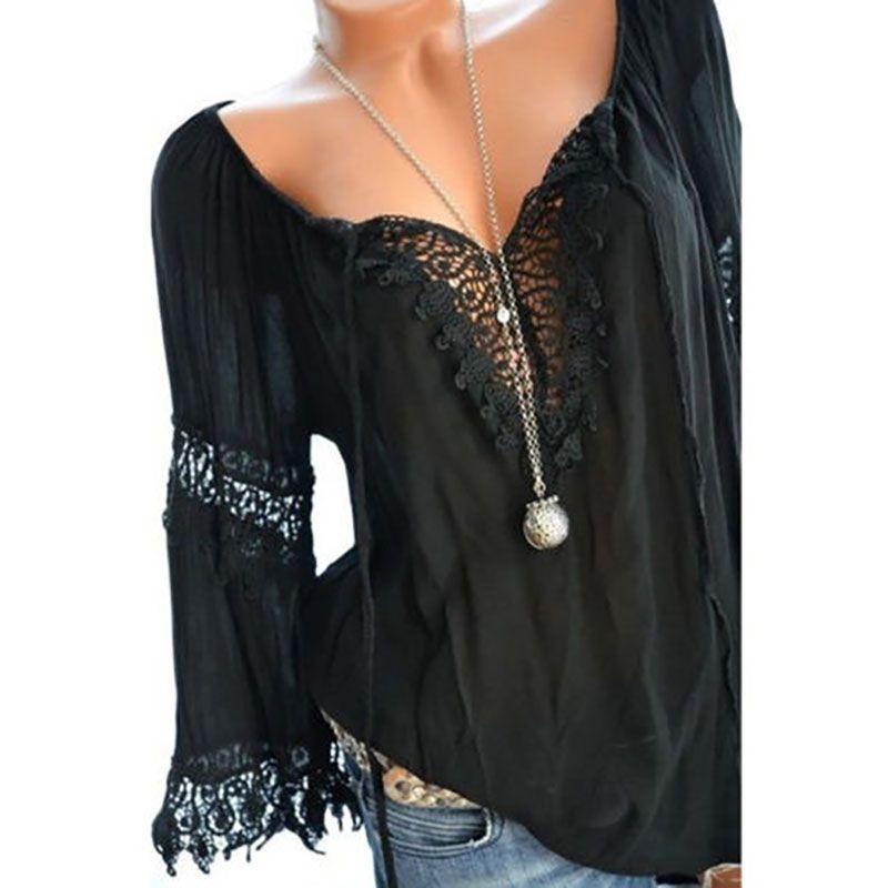 Sexy Women V Neck Long Sleeve Lace Up Shirt Casual Blouse Top Lady Loose T Shirt