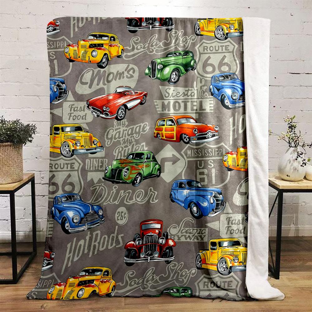 Vintage Cars Route 66 Pattern Blanket bedroom Blanket for Livingroom Couch lunch break Soft throw for Friend's festival Gift