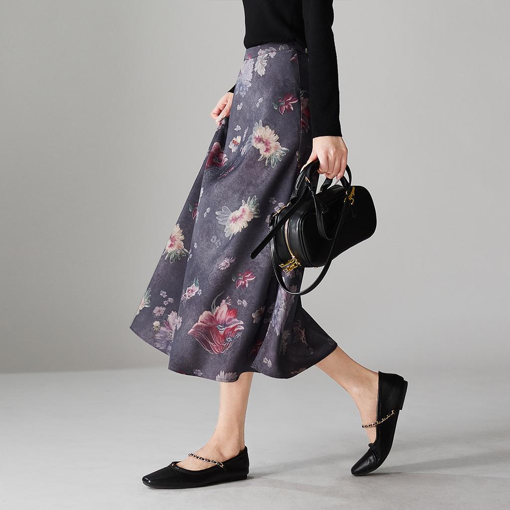 National style printed high waisted A-line umbrella skirt 2026 spring fashion versatile mid length skirt