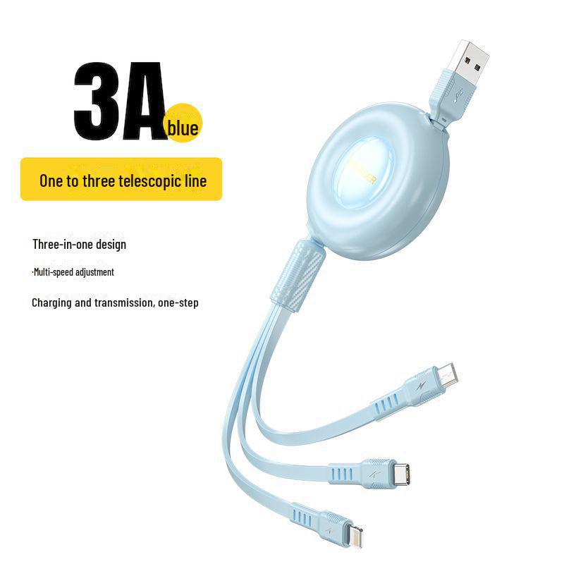 

ESSAGER Кабель для зарядки 3-в-1 с выдвижным механизмом для устройств Apple, Android и Type-C 3A синий
