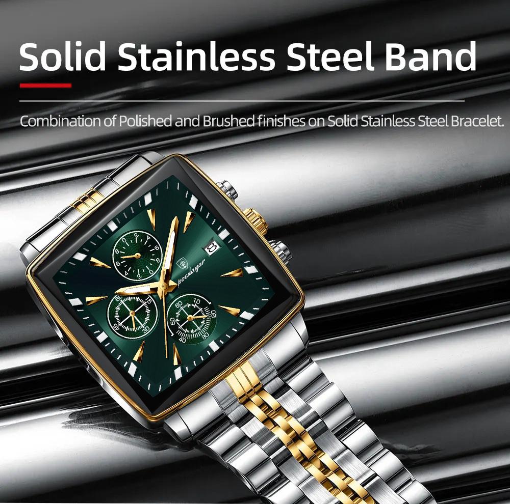 Business Quartz Watch Men Gold White Chronograph Dress Wristwatch with Stainless Steel Band Auto Date Luminous Hands 24-hour