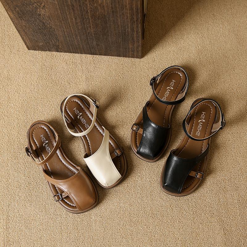 Stil zână retro cu cataramă, cap de geantă gol, sandale cu talpă plată, cu talpă moale, confortabile, pantofi romani de vară noi 2025, versiune coreeană
