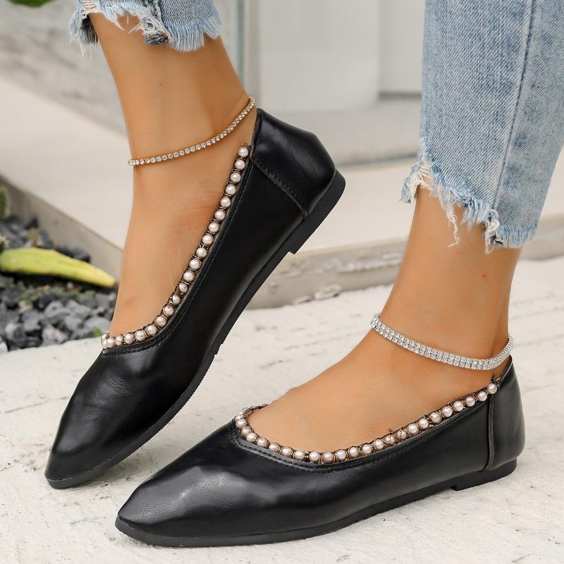 Large size pointed head shallow mouth single shoes women's spring and autumn new pearl versatile one-pedal shallow mouth Doudou shoes