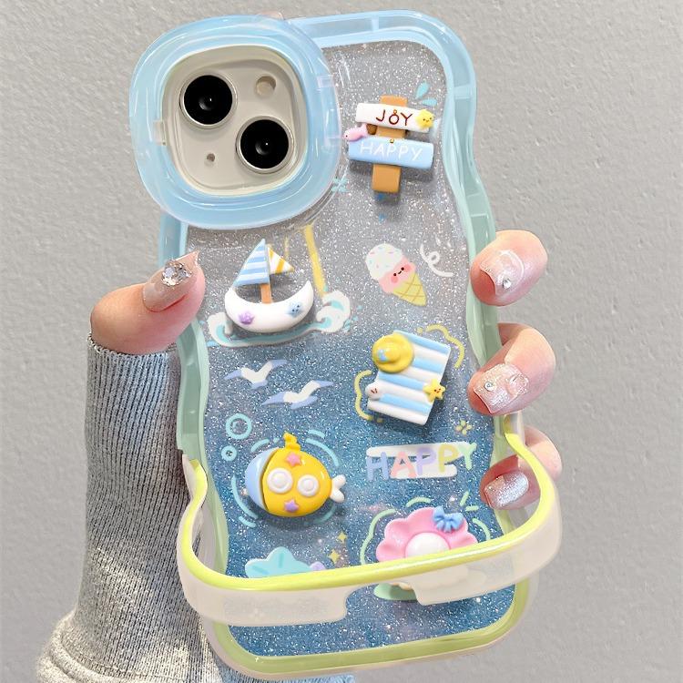 Applicable To Apple 15 Mobile Phone Case IPhone 13 Beach Three-dimensional Doll 14 Wave Edge Invisible Double Bracket 12 Niche
