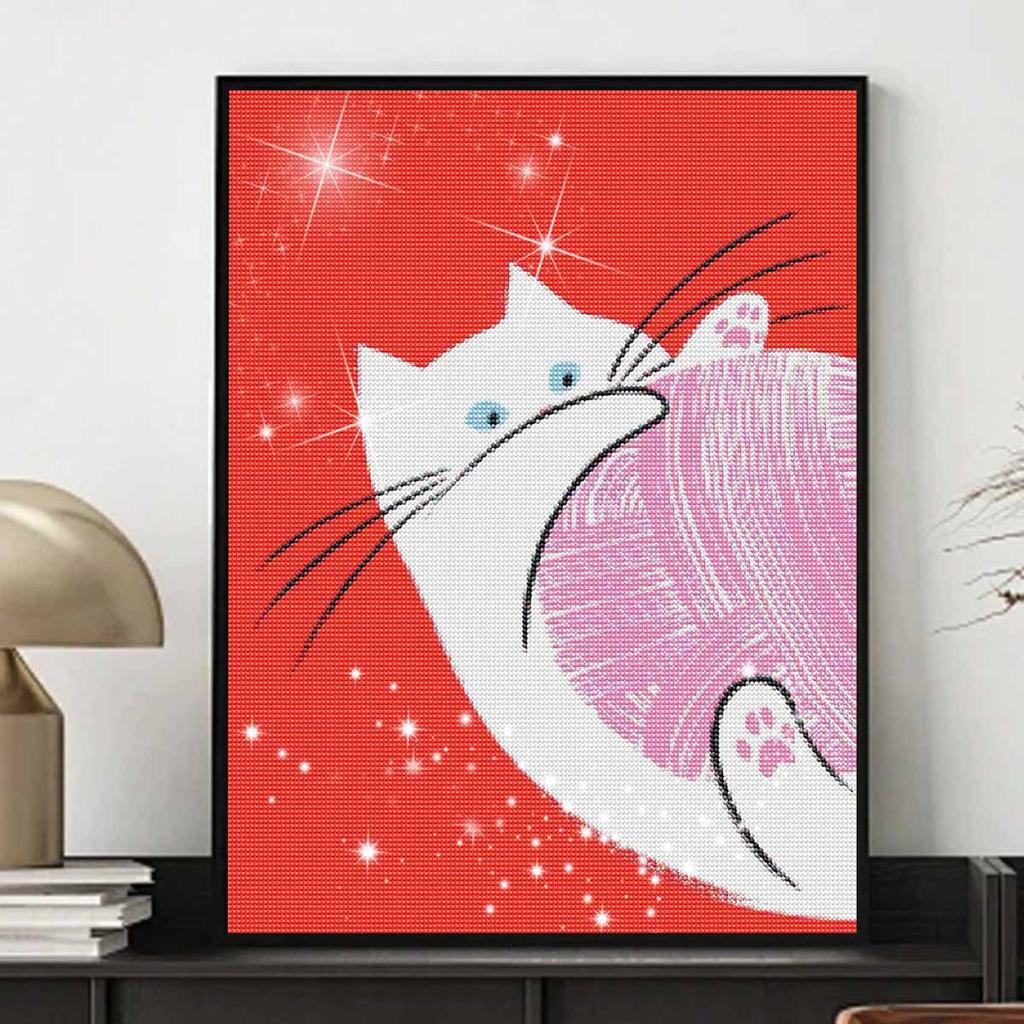 5D FullDrill Round Diamond Painting Kit Cute White Cat with Pink Yarn Ball Bedroom Decor Mosaic Craft Wall Art